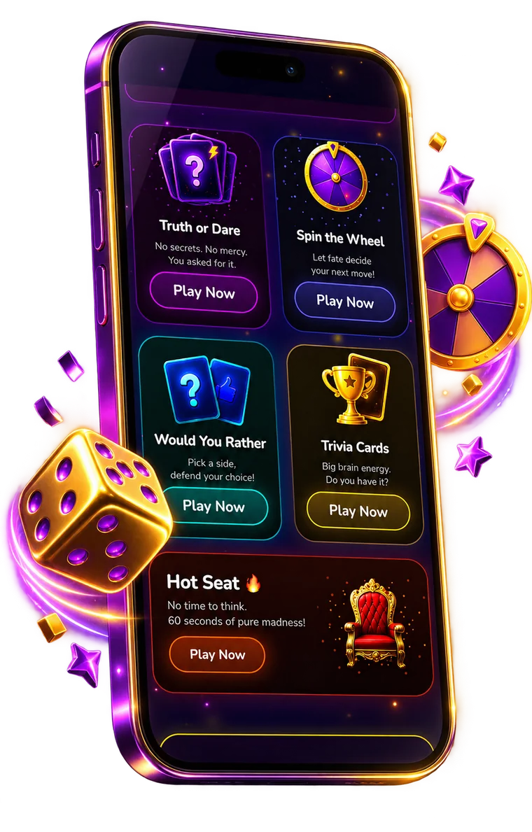 PlaySpark app showing Truth or Dare, Spin the Wheel, Would You Rather, Trivia Cards and Hot Seat