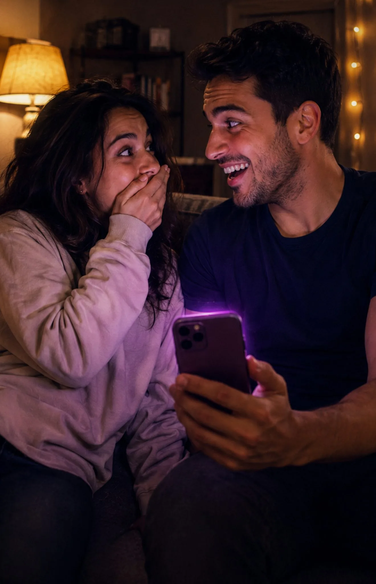 A couple laughing while playing PlaySpark on a phone