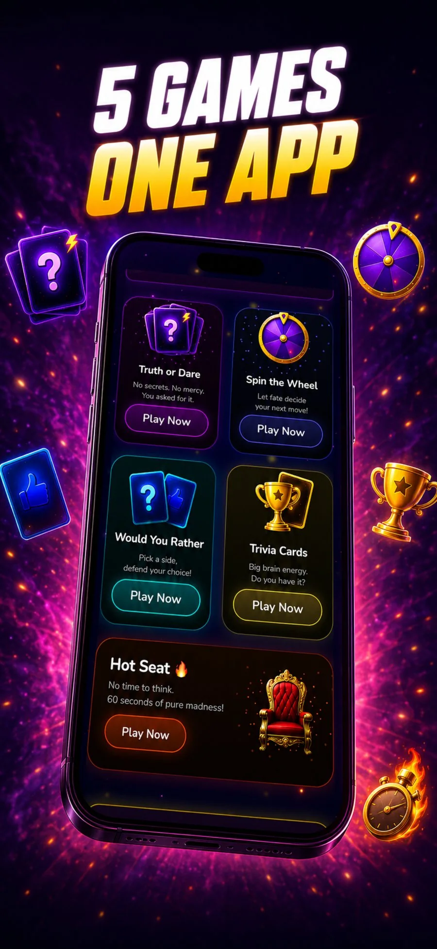 PlaySpark — 5 party games in one app, shown on a phone