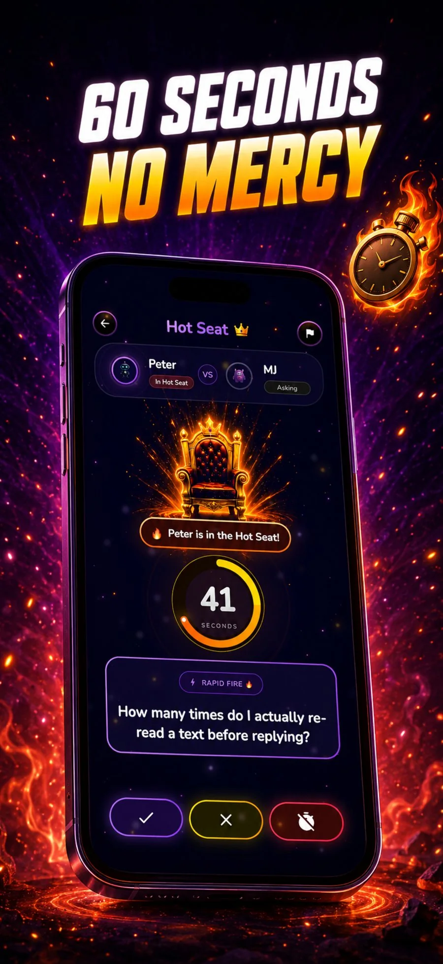 PlaySpark Hot Seat gameplay screen with a 60 second timer