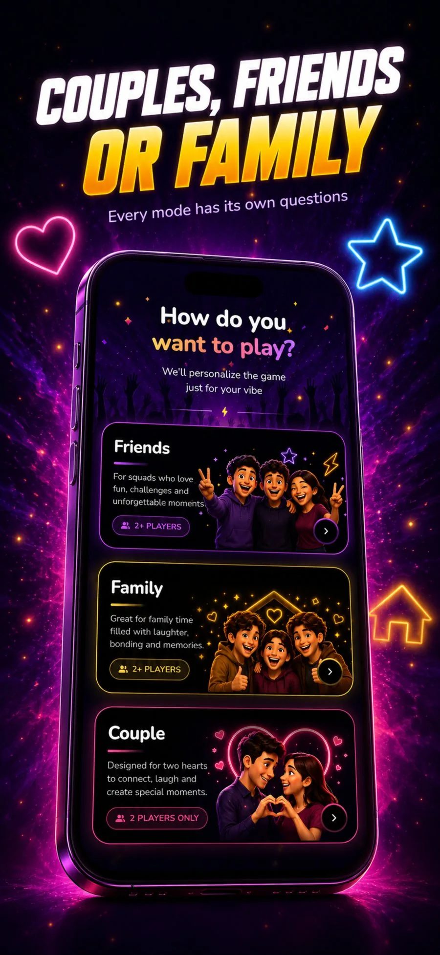 PlaySpark mode selection screen — Friends, Family or Couple